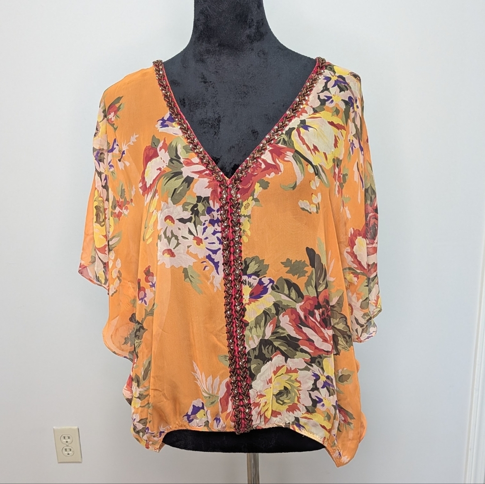 Free People Sheer Floral Orange Women's Top Sz Medium